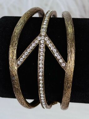 Vintage Peace Sign Aged Gold Tone Rhinestone Open Cuff Bracelet Boho